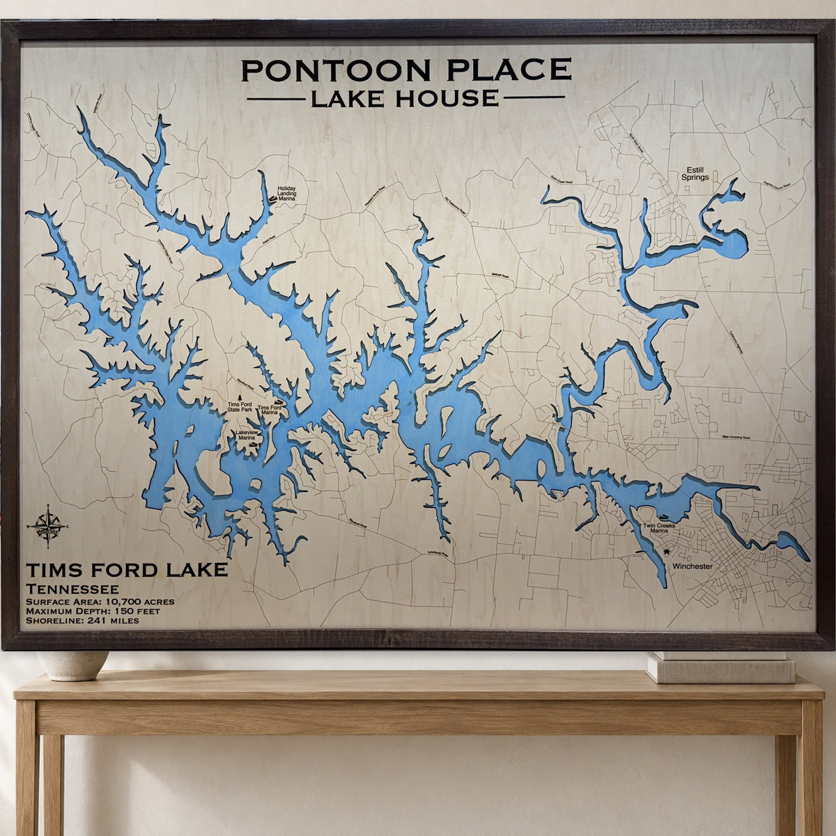 Tims Ford Pontoon wood map — single layer, staged room mockup