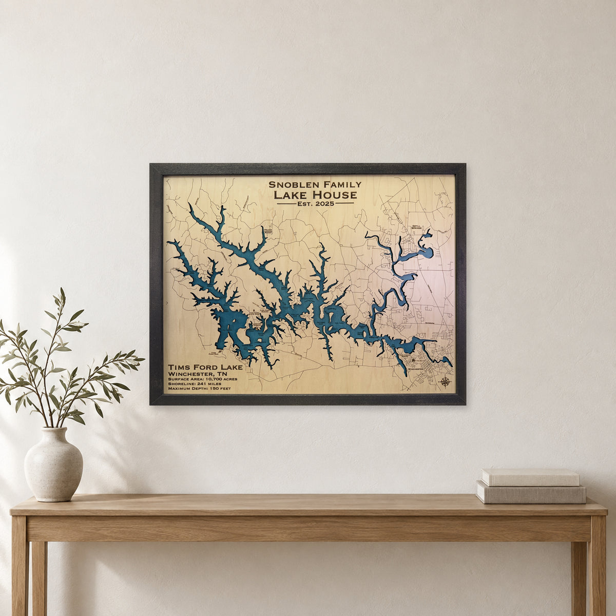 Tims Ford Snoblen wood map — single layer, staged room mockup