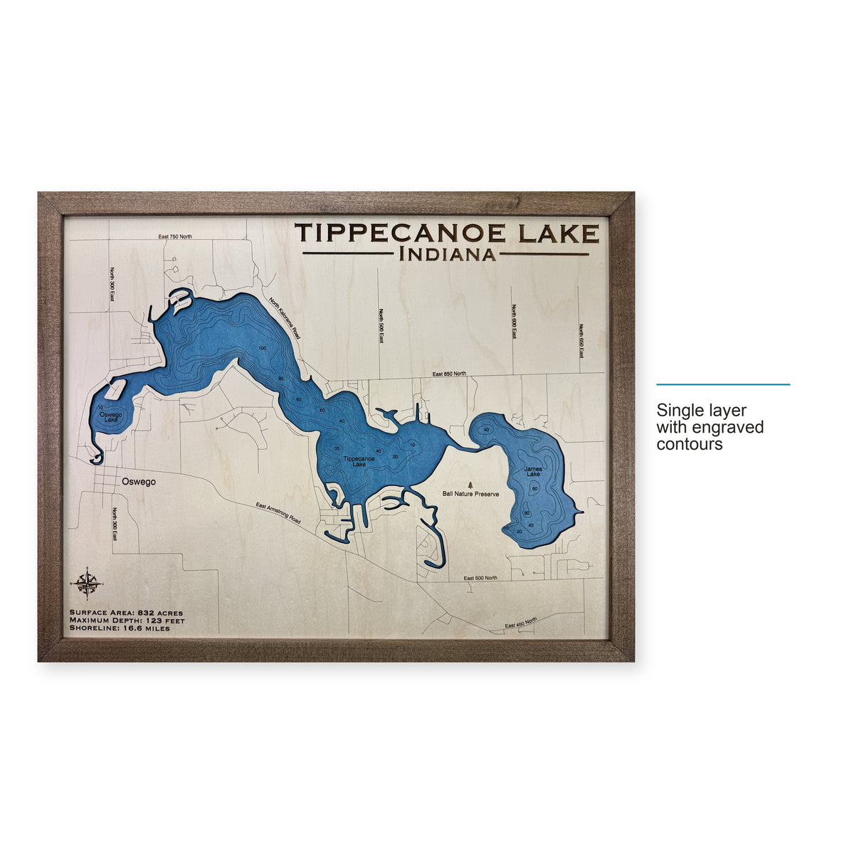 Tippecanoe Engraved wood map — single layer with engraved contours, layer option shown