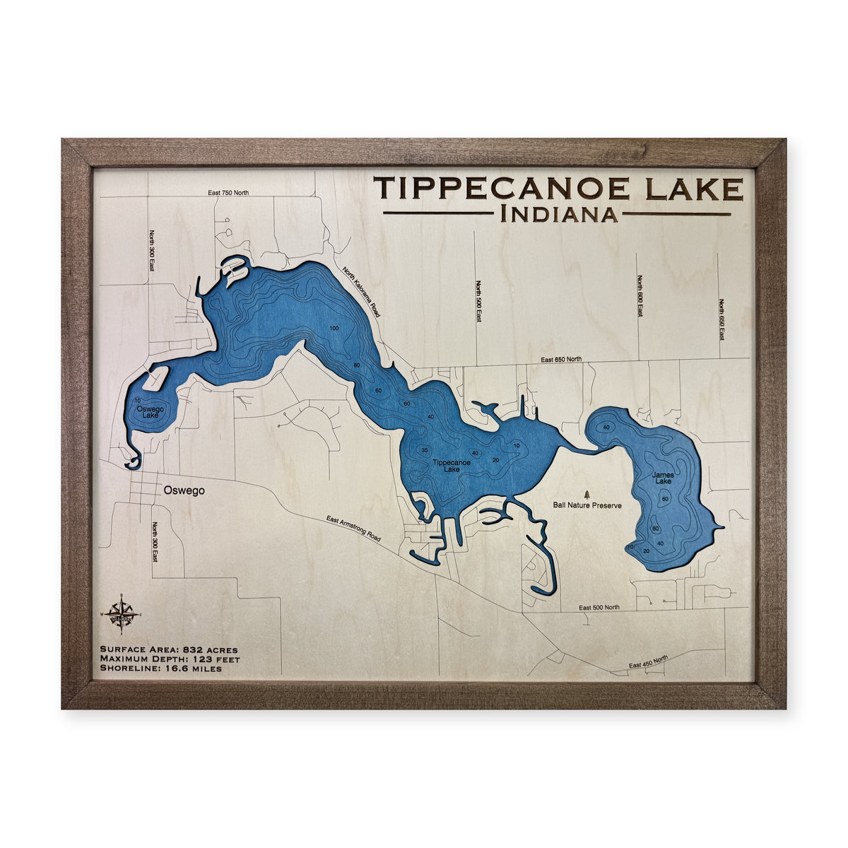 Tippecanoe Engraved wood map — single layer with engraved contours, white background