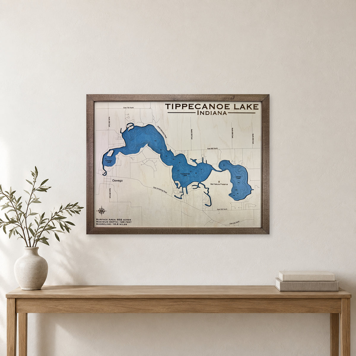 Tippecanoe Engraved wood map — single layer with engraved contours, staged room mockup