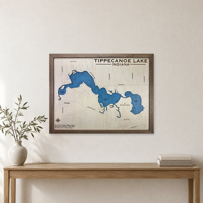 Tippecanoe Engraved wood map — single layer with engraved contours, staged room mockup