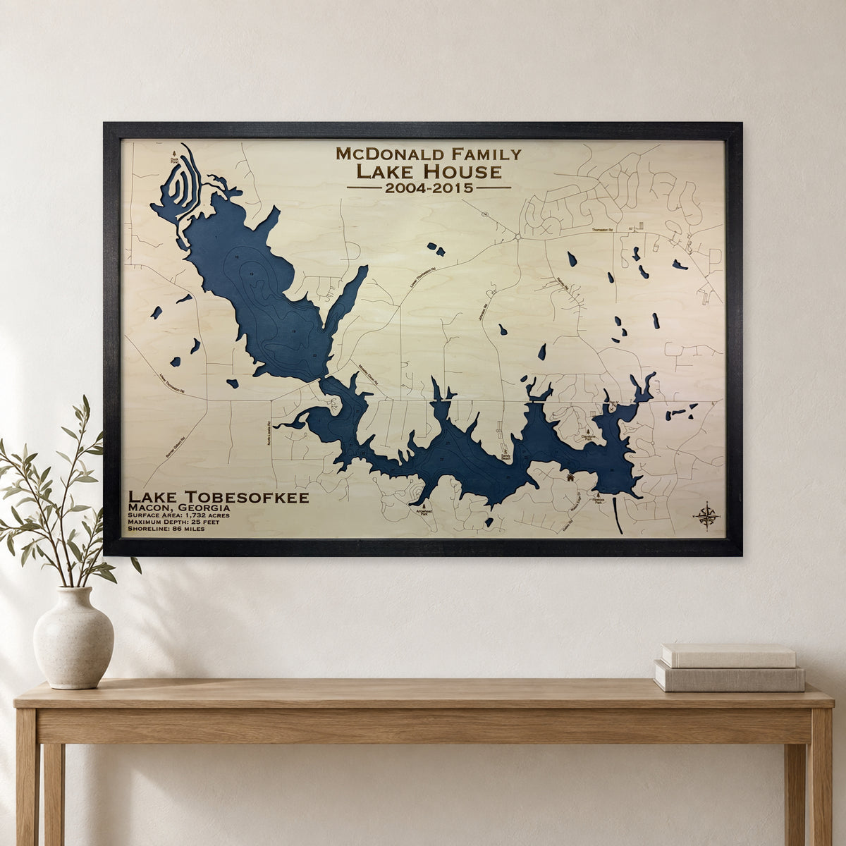 Tobesofkee Mcdonald wood map — single layer with engraved contours, staged room mockup