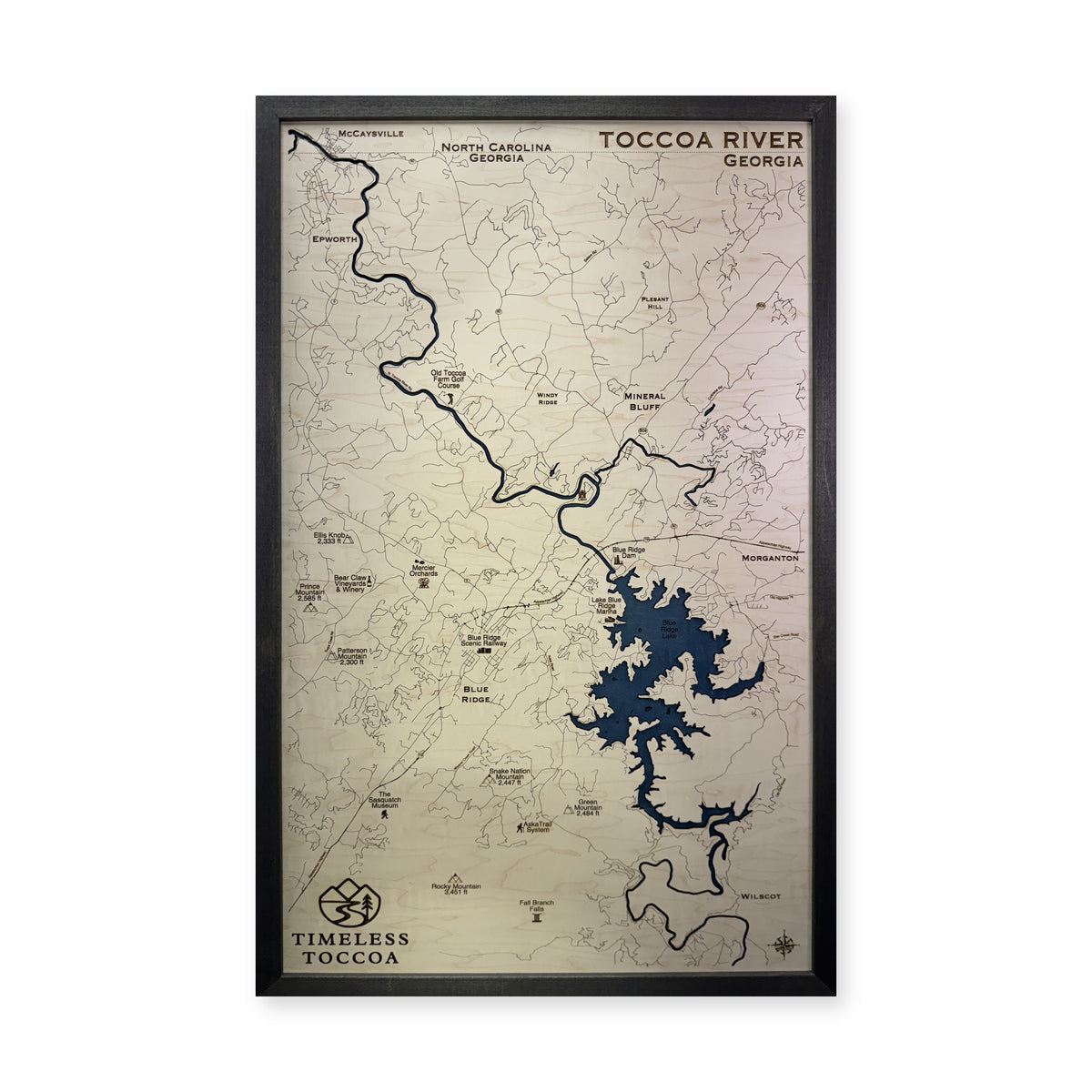 Toccoa Timeless wood map — single layer, white background