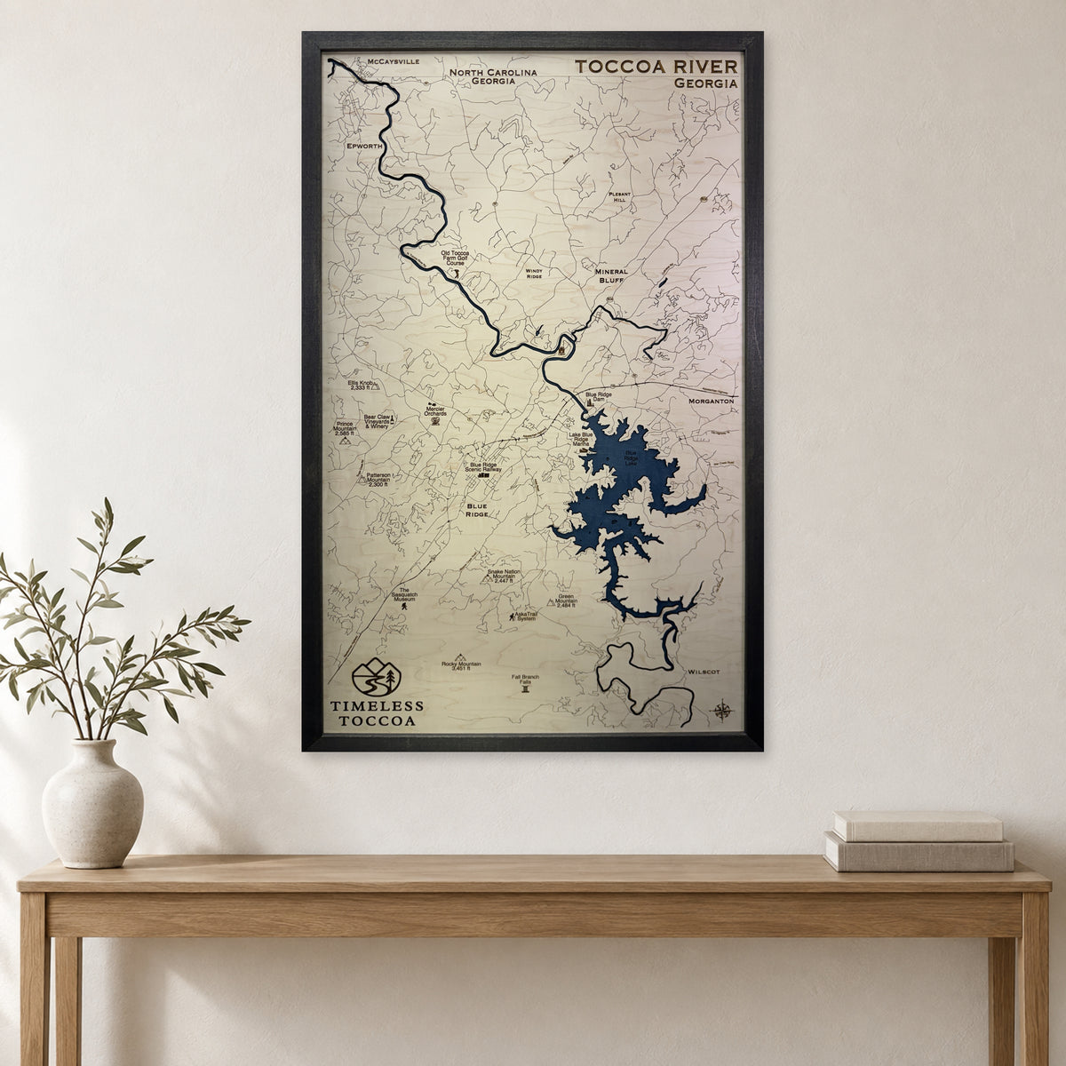 Toccoa Timeless wood map — single layer, staged room mockup