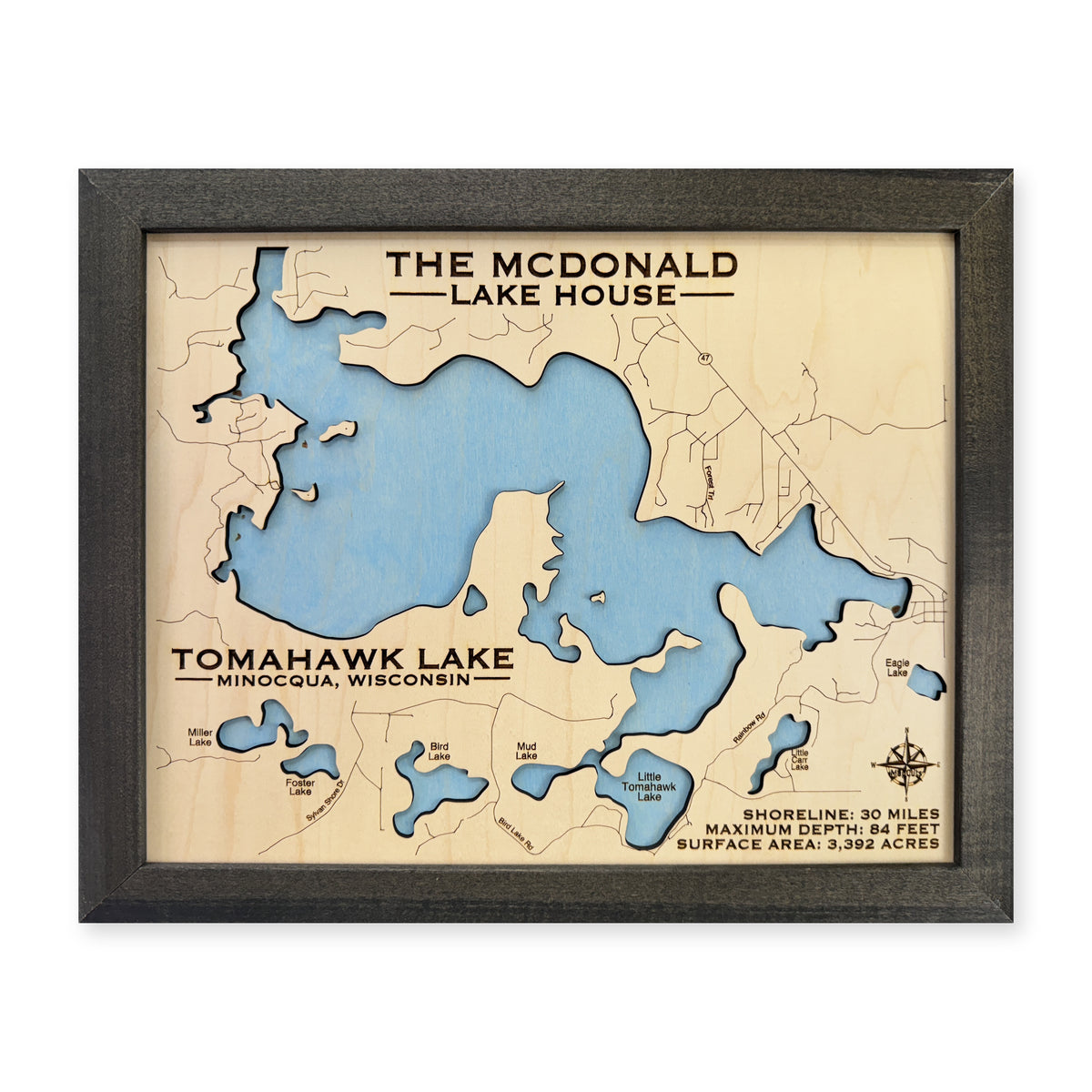 Tomahawk Lake Wisconsin wood map — single layer, white background