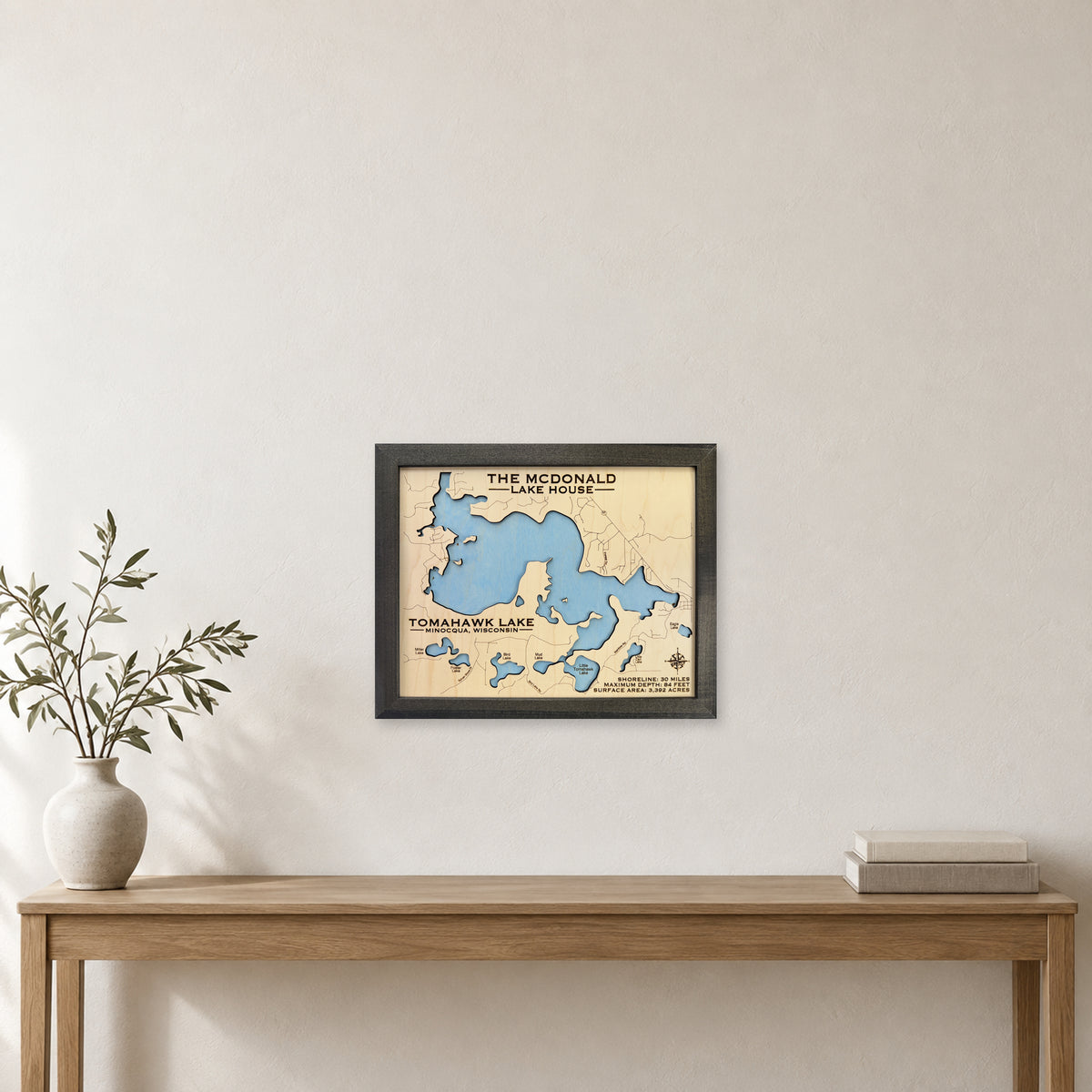Tomahawk Lake Wisconsin wood map — single layer, staged room mockup