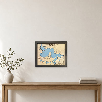 Tomahawk Lake Wisconsin wood map — single layer, staged room mockup