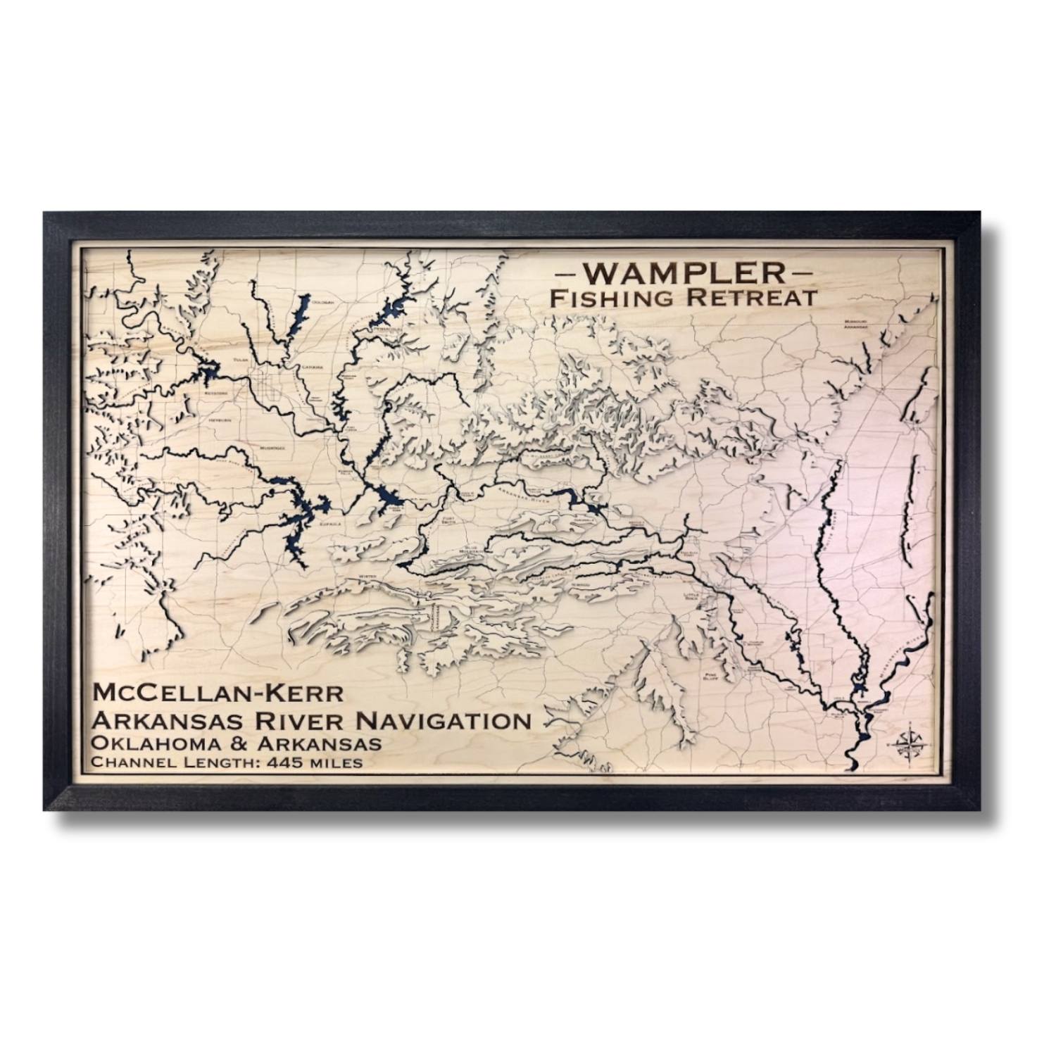 Custom wooden topographic map with raised mountains and recessed rivers. 