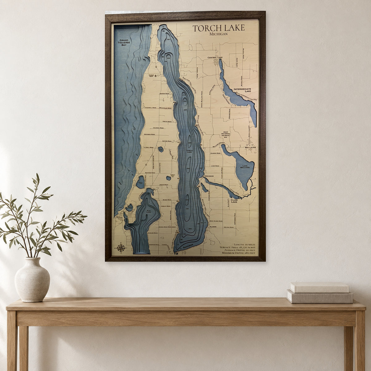 Torch Lake Wood Map — multilayer example, staged room mockup