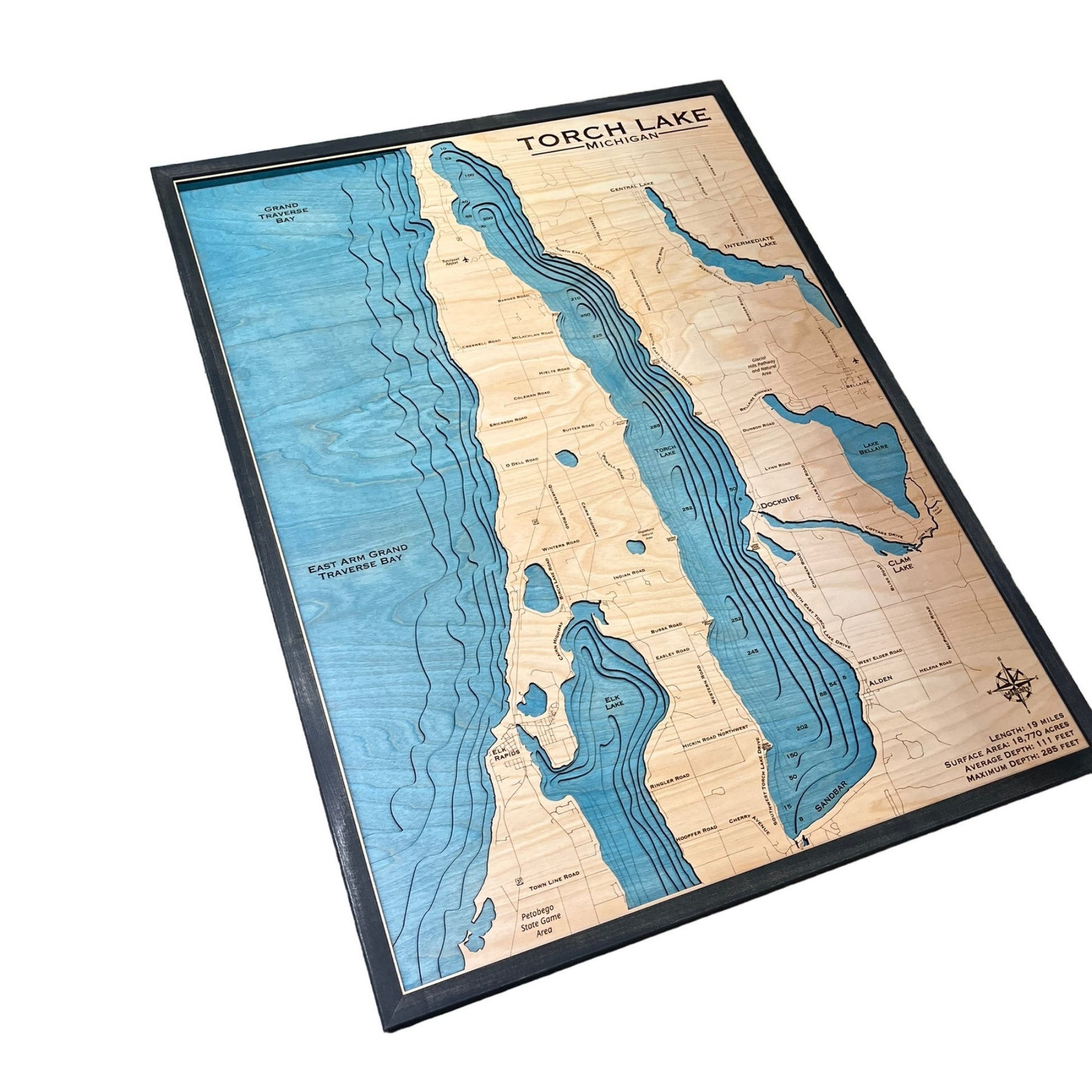 Side view of a multi water layer map of Torch lake and surrounding lakes. 