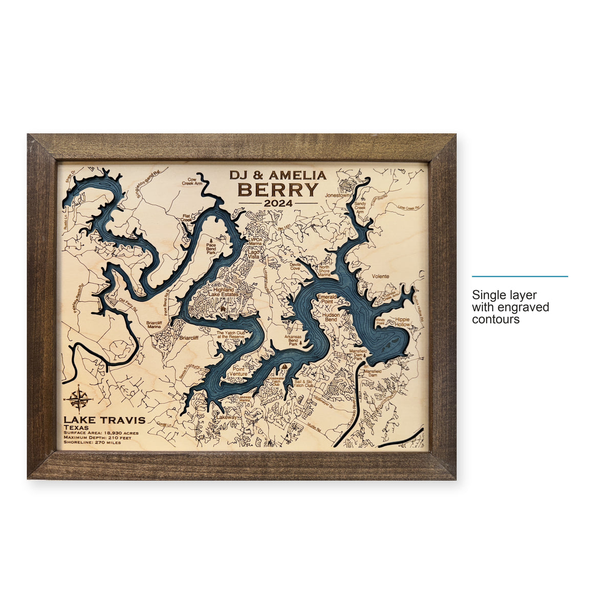 Travis Berry wood map — single layer with engraved contours, layer option shown