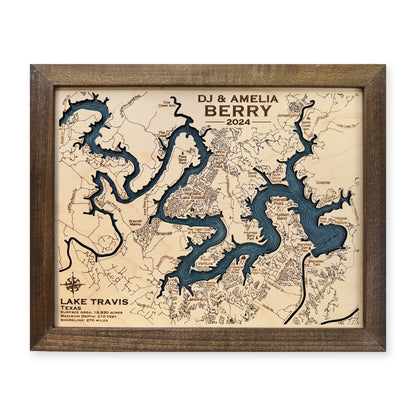 Travis Berry wood map — single layer with engraved contours, white background