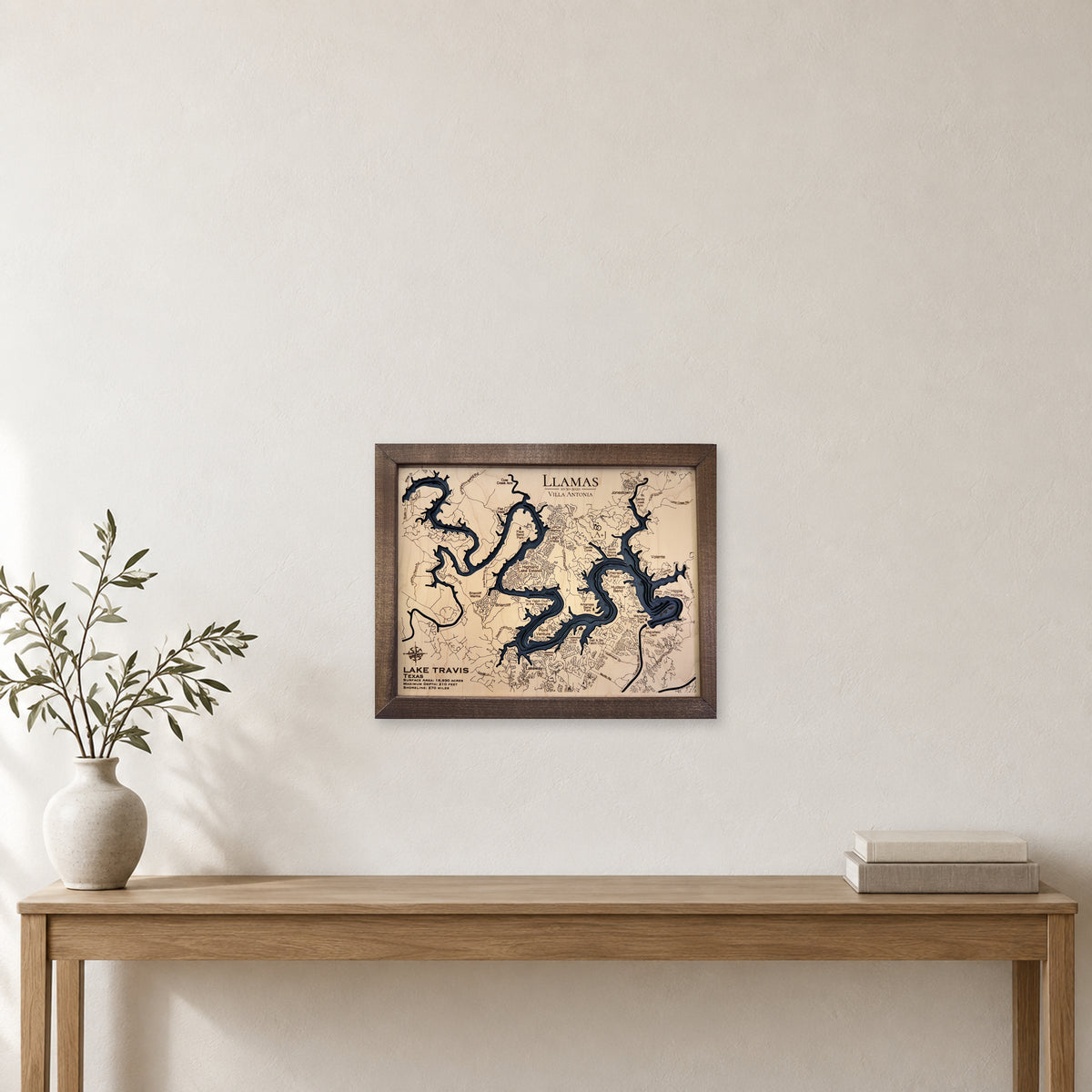 Travis Llamas wood map — multilayer, staged room mockup