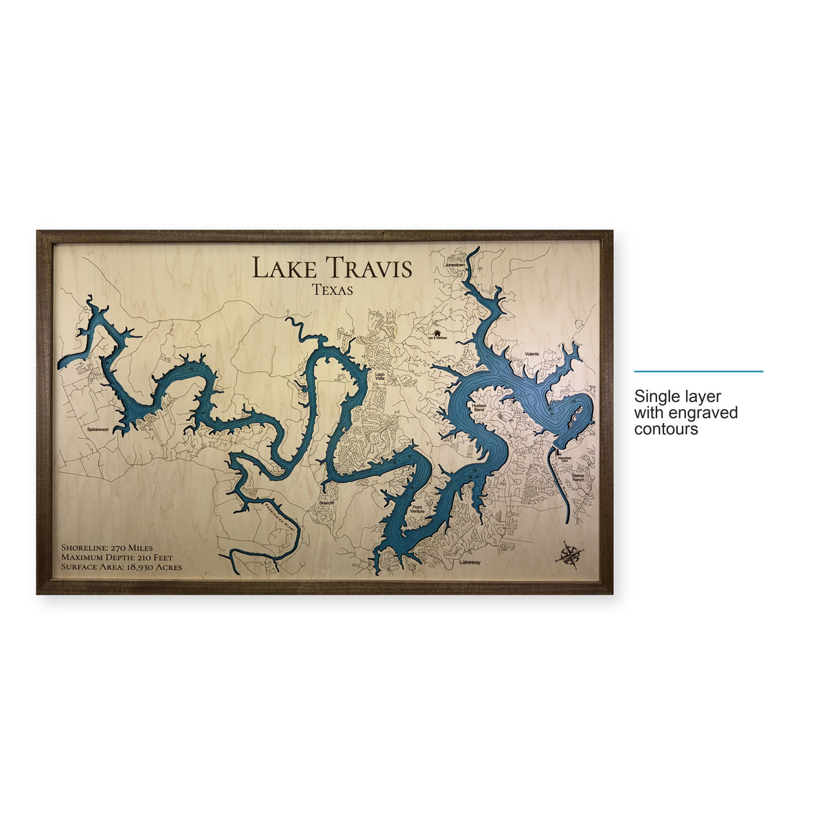 Travis Randolph wood map — single layer with engraved contours, layer option shown