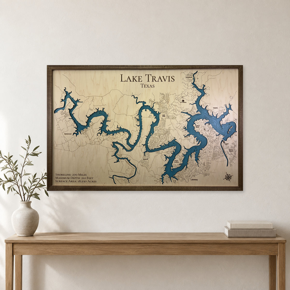 Travis Randolph wood map — single layer with engraved contours, staged room mockup