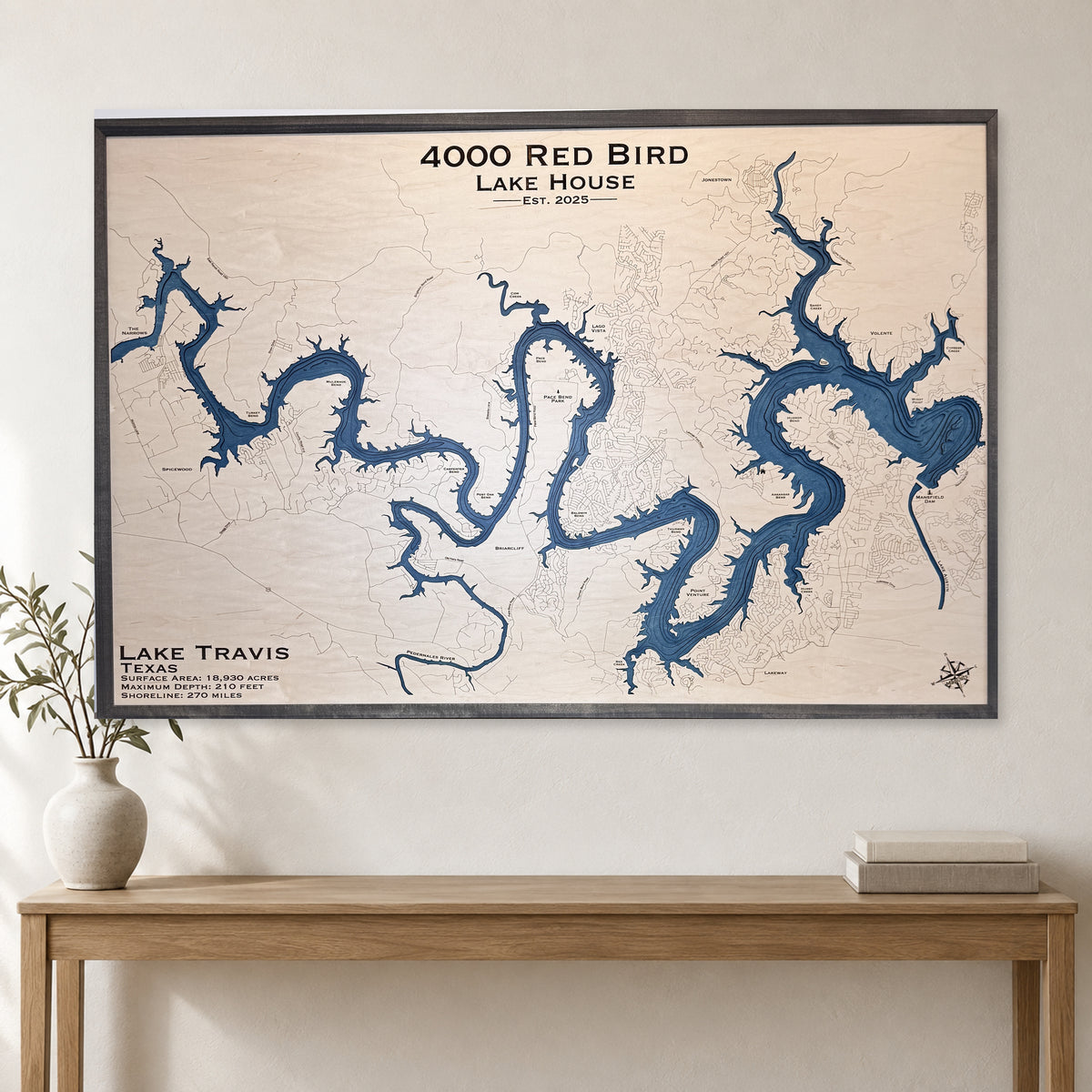 Travis Red Bird wood map — multilayer, staged room mockup