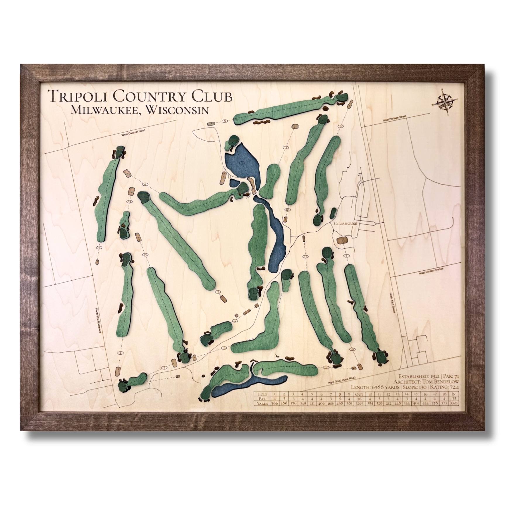 Wooden golf map of Tripoli Country Club, Milwaukee, Wisconsin, framed with walnut brown frame.