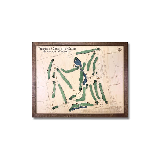 Framed wooden golf map of Tripoli Country Club in Milwaukee, Wisconsin on a white background. 