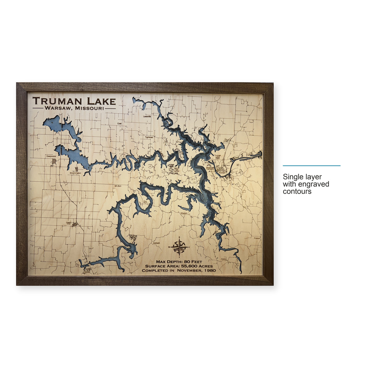 Truman Lake wood map — single layer with engraved contours, layer option shown
