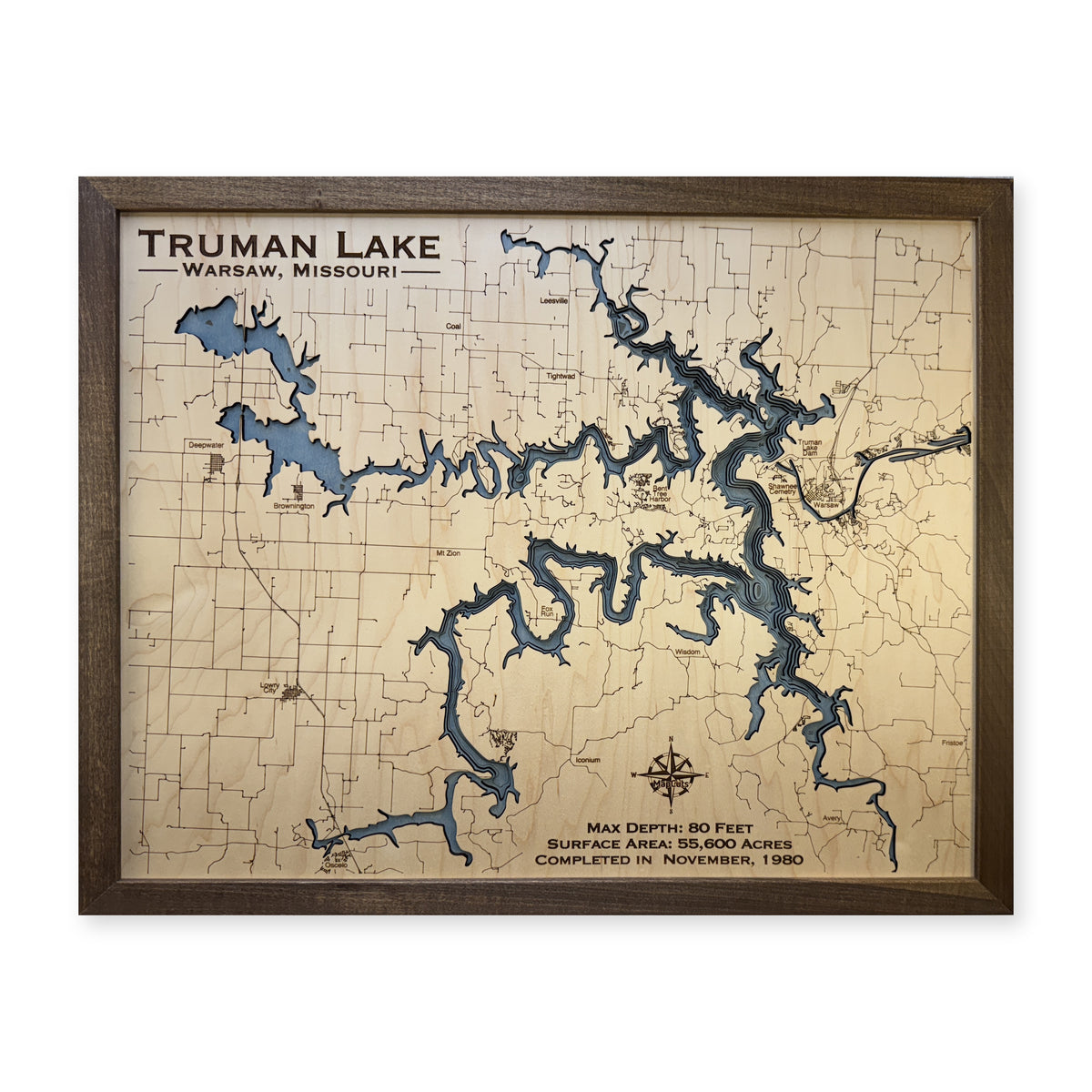 Truman Lake wood map — single layer with engraved contours, white background