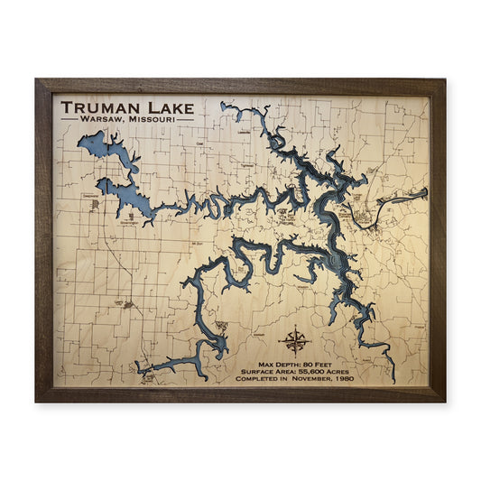 Truman Lake wood map — single layer with engraved contours, white background