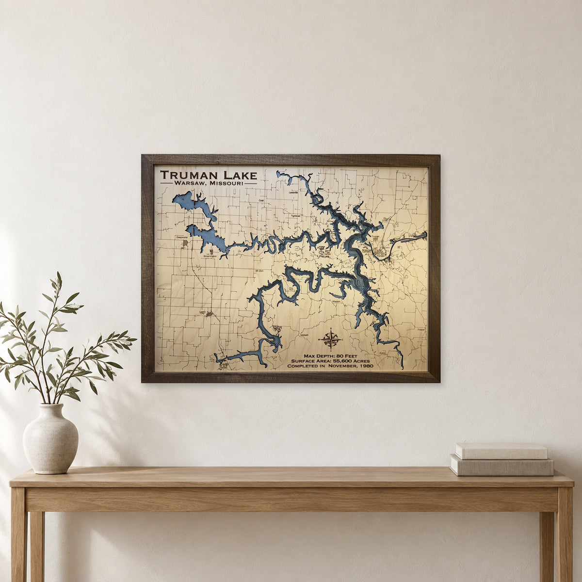 Truman Lake wood map — single layer with engraved contours, staged room mockup
