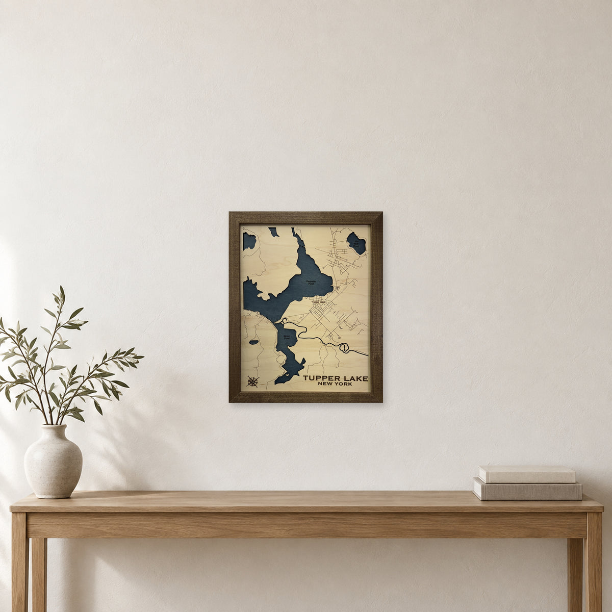 Tupper Cox wood map — single layer, staged room mockup