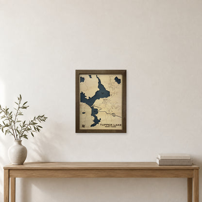 Tupper Cox wood map — single layer, staged room mockup