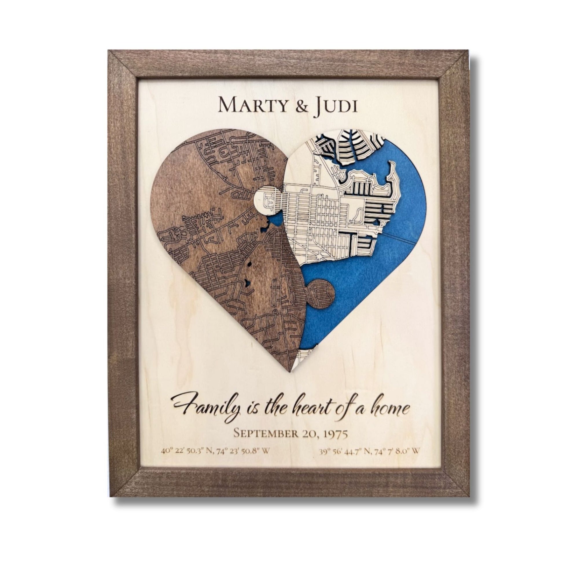 Heart shaped map with one half showing the city the groom is from and the other half showing the city the bride is from. 