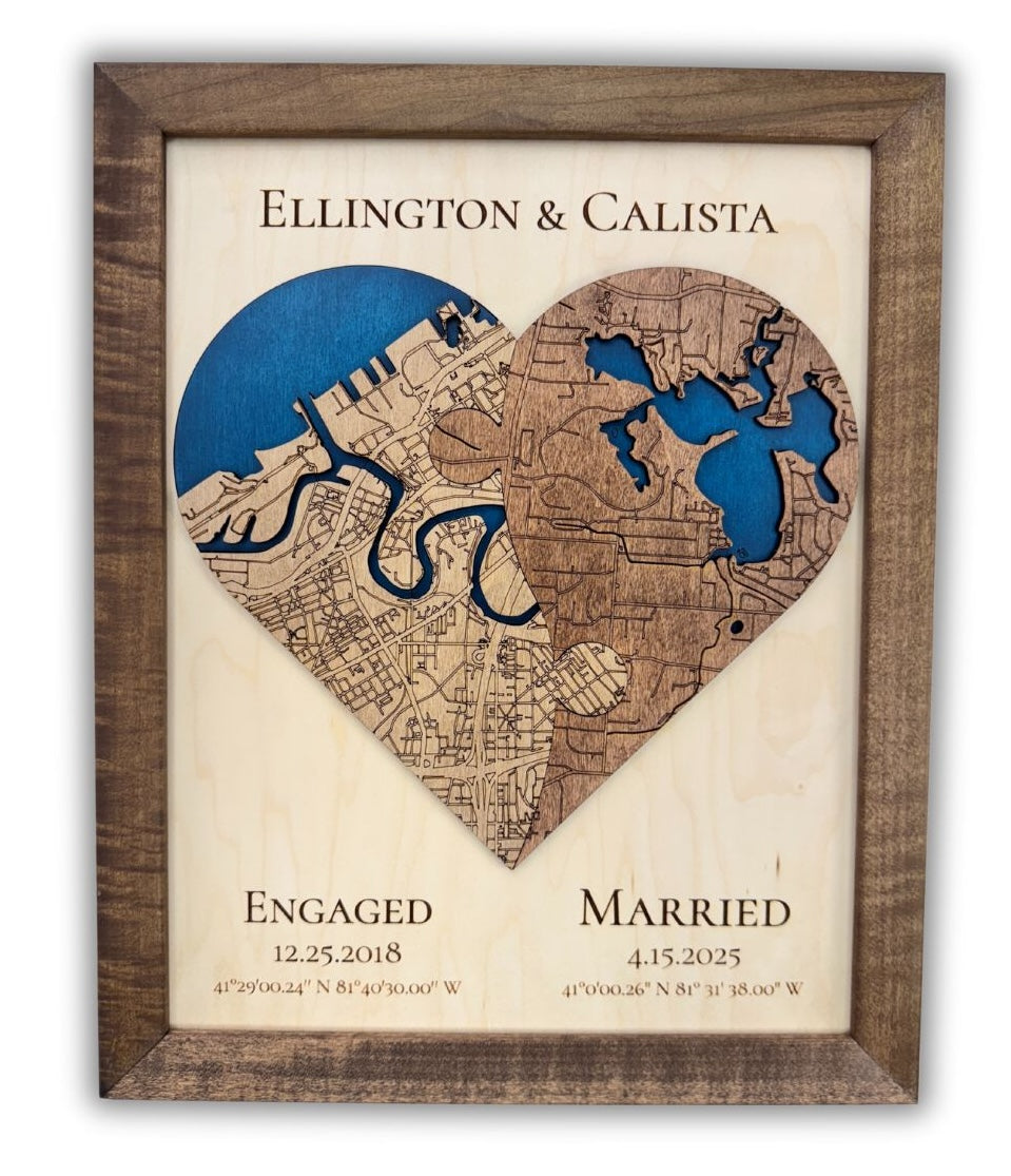 Two-toned (yin yang) heart-shaped map with engaged and married date. 