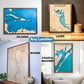 Examples of the different types of wooden water maps offered by MapCuts: island map, lake map, river map, and coastal map. 