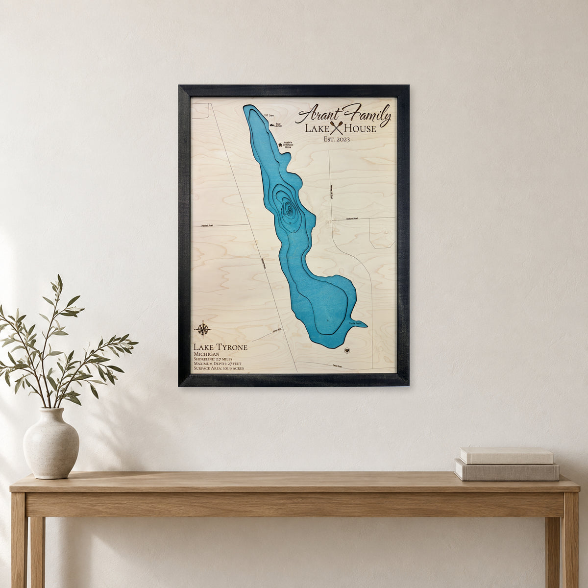 Tyrone Arant wood map — multilayer, staged room mockup