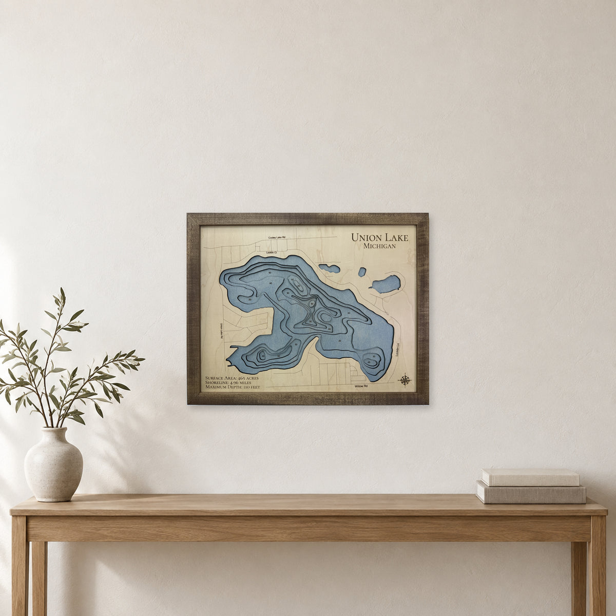 Union Devine wood map — multilayer, staged room mockup