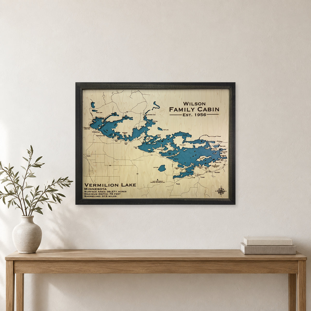 Vermilion Lake Wilson wood map — single layer, staged room mockup