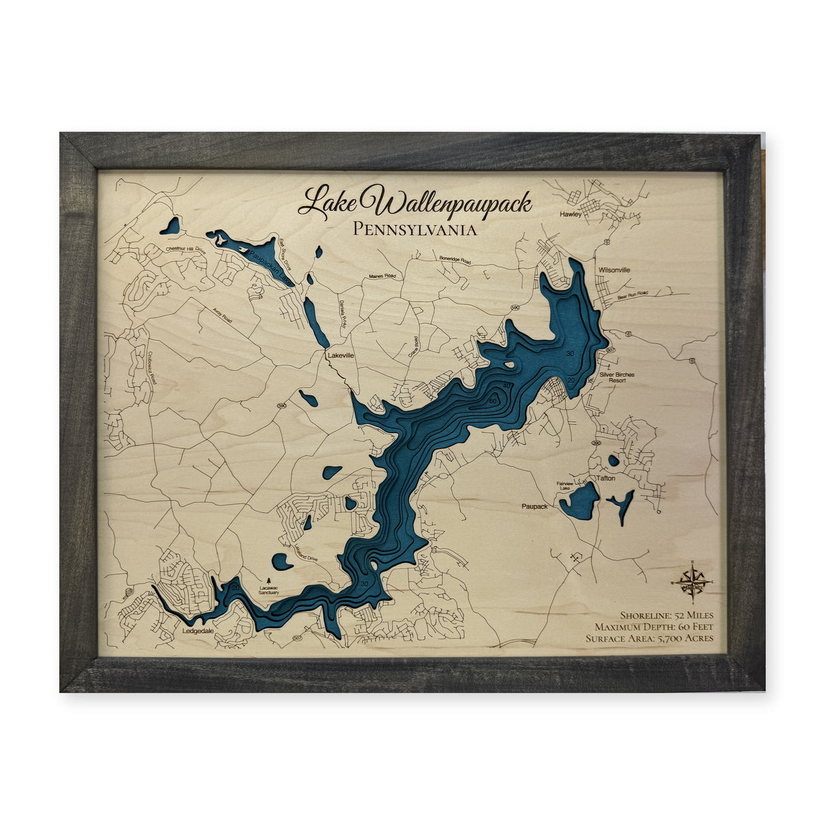 Wallenpaupack Black Multi wood map — multilayer, white background