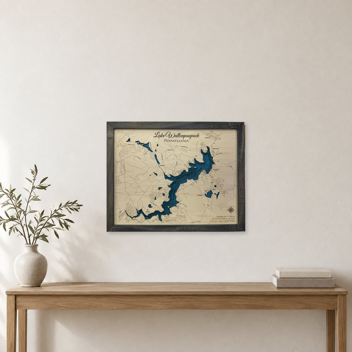 Wallenpaupack Black Multi wood map — multilayer, staged room mockup