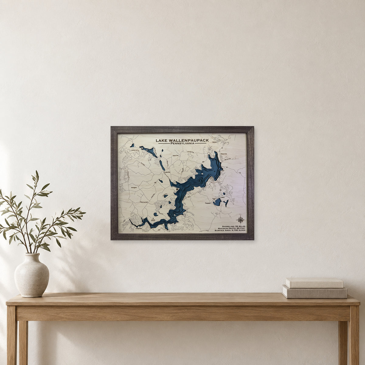 Wallenpaupack Cunning wood map — multilayer, staged room mockup