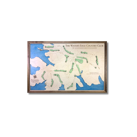 3D wooden map of The Water's Edge Country Club on a white background.