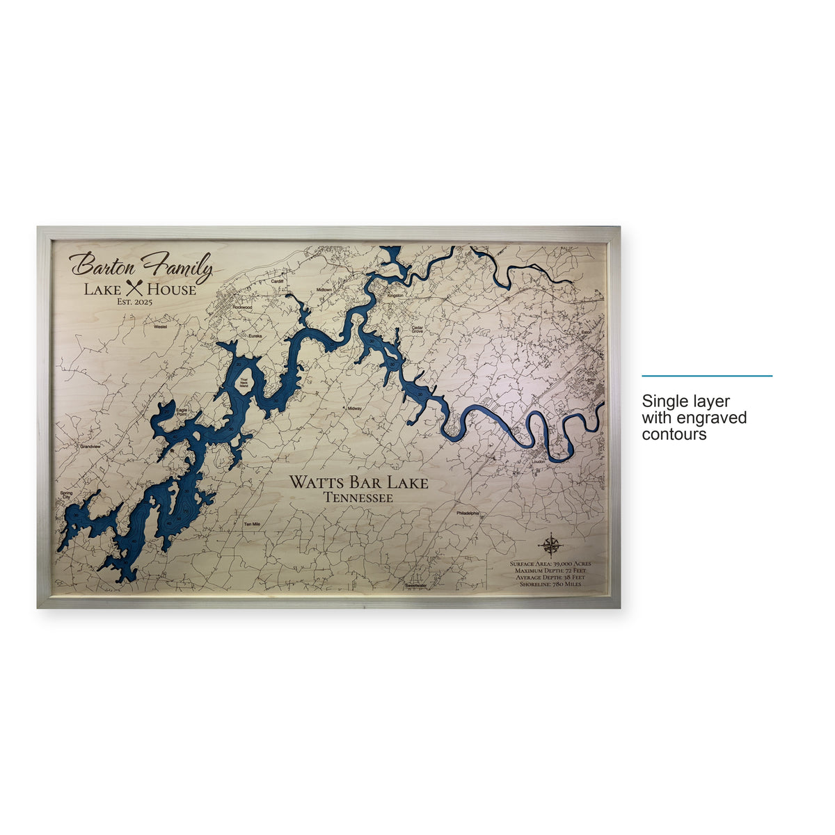 Watts Bar Barton wood map — single layer with engraved contours, layer option shown