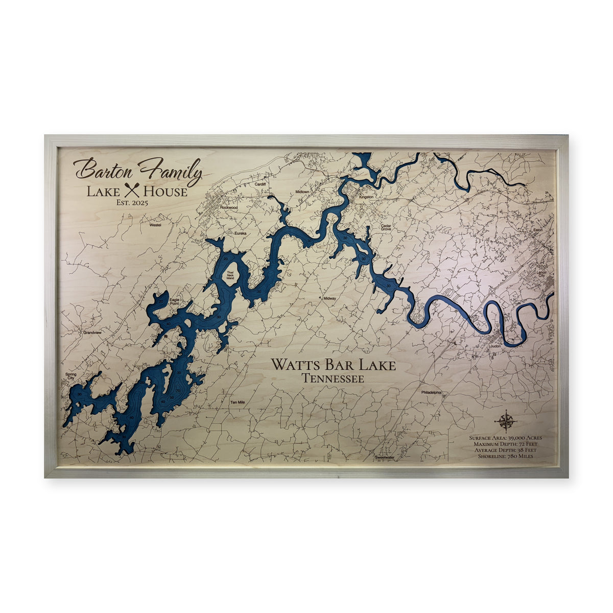 Watts Bar Barton wood map — single layer with engraved contours, white background
