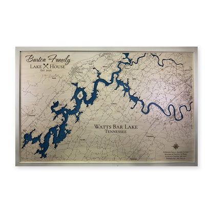 Watts Bar Barton wood map — single layer with engraved contours, white background