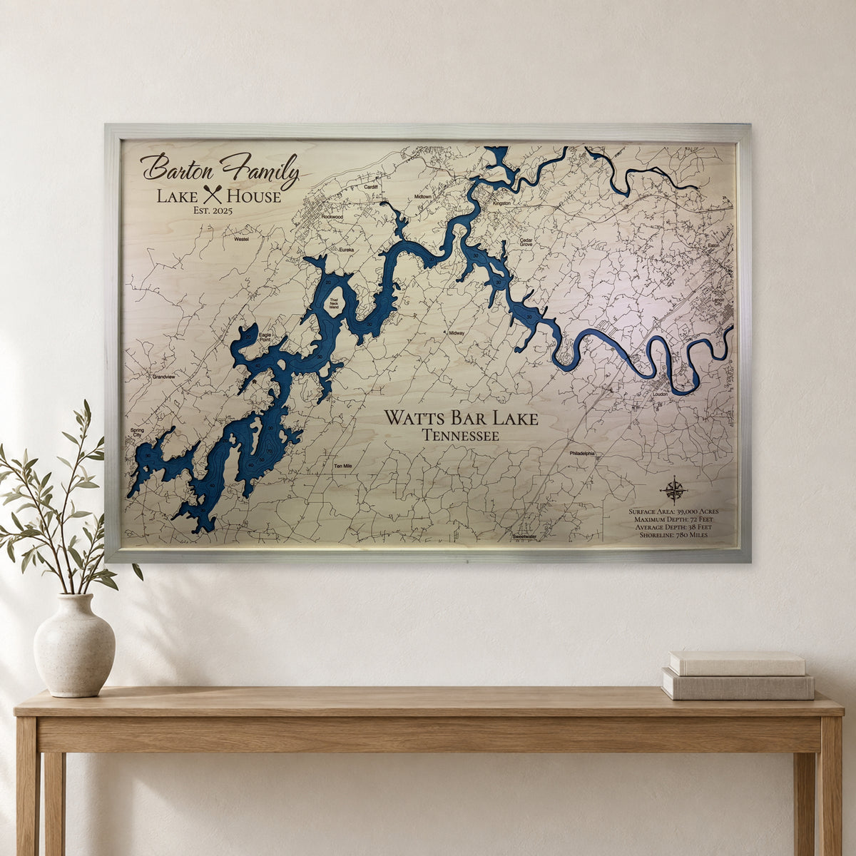 Watts Bar Barton wood map — single layer with engraved contours, staged room mockup