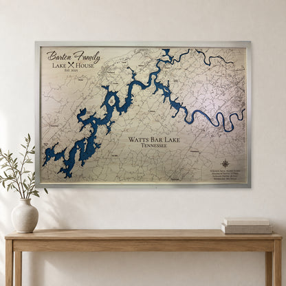 Watts Bar Barton wood map — single layer with engraved contours, staged room mockup