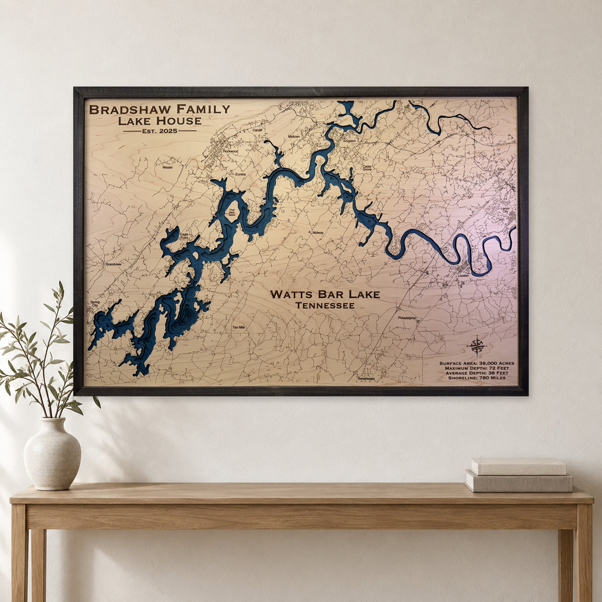 Watts Bar Bradshaw wood map — multilayer, staged room mockup
