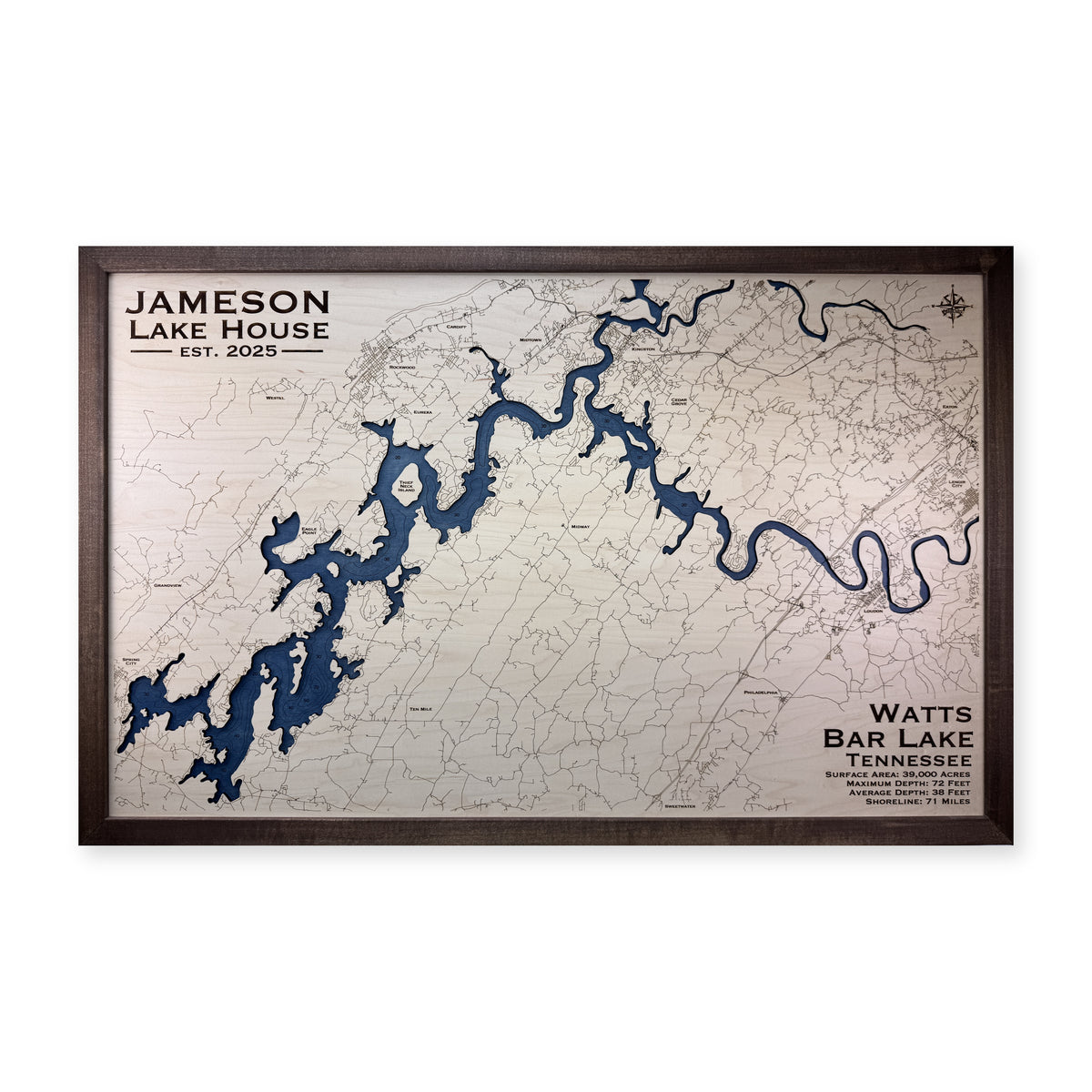 Watts Bar Jameson wood map — single layer with engraved contours, white background