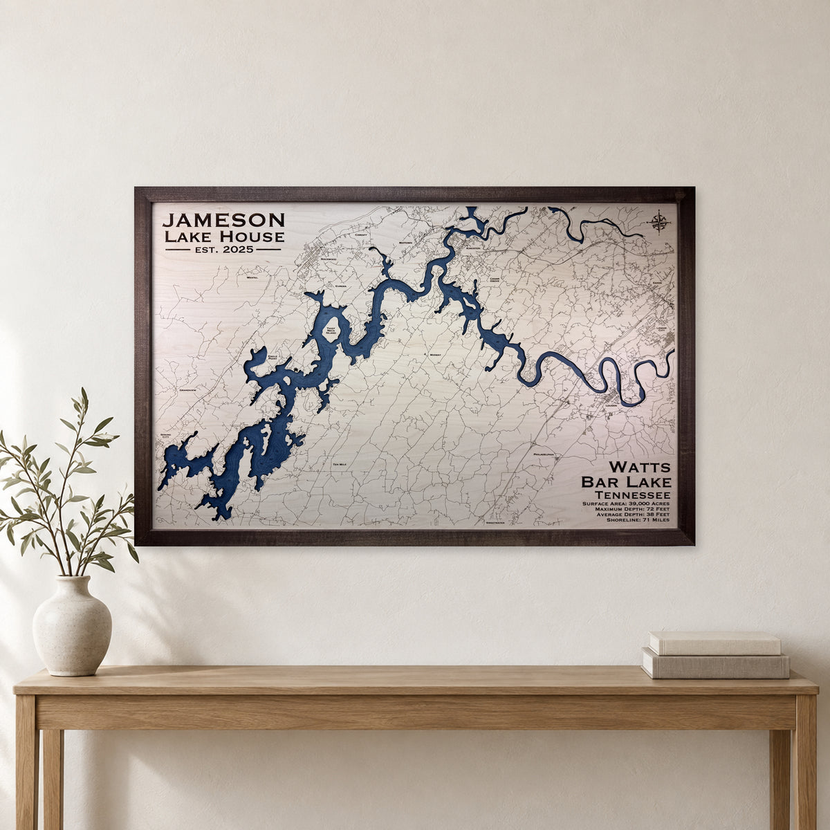 Watts Bar Jameson wood map — single layer with engraved contours, staged room mockup