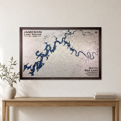 Watts Bar Jameson wood map — single layer with engraved contours, staged room mockup