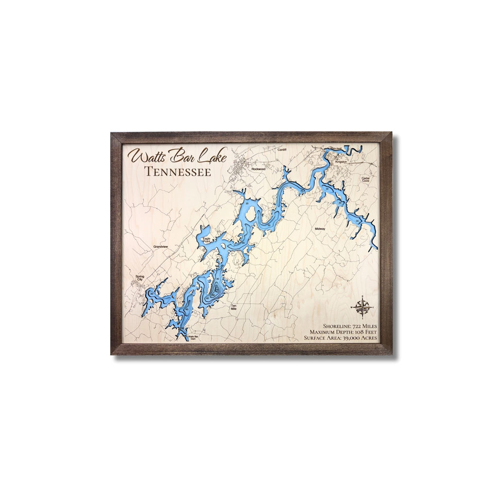 Framed wooden map of Watts Bar Lake, Tennessee on a white background.