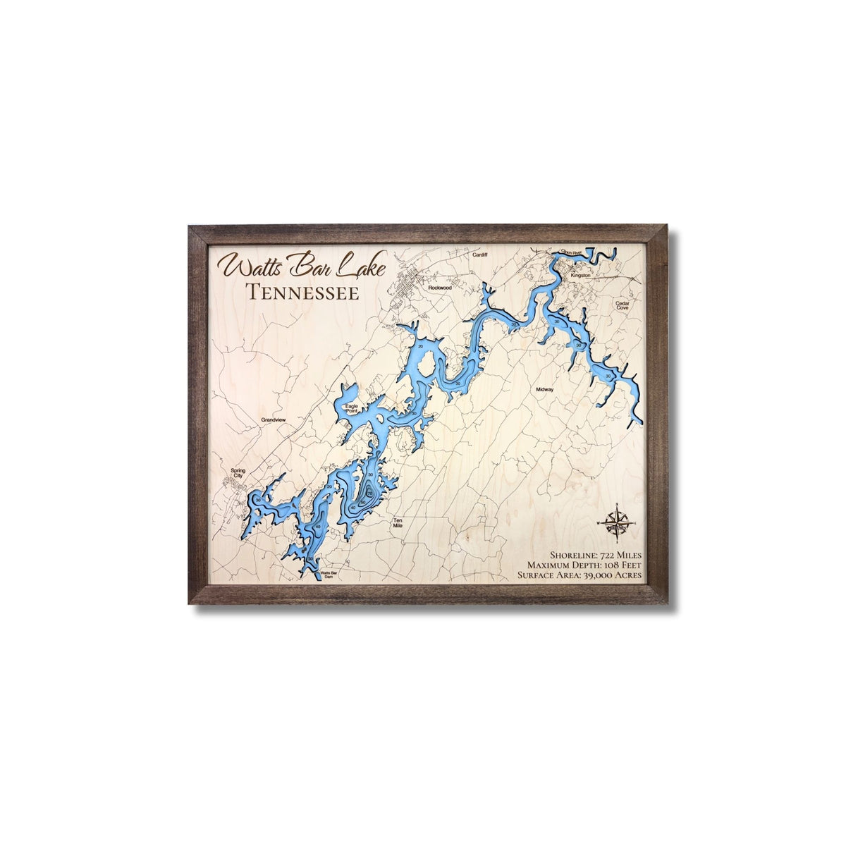 Framed wooden map of Watts Bar Lake, Tennessee on a white background.